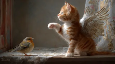 Ginger Kitten With Angel Wings Reaching Toward A Bird