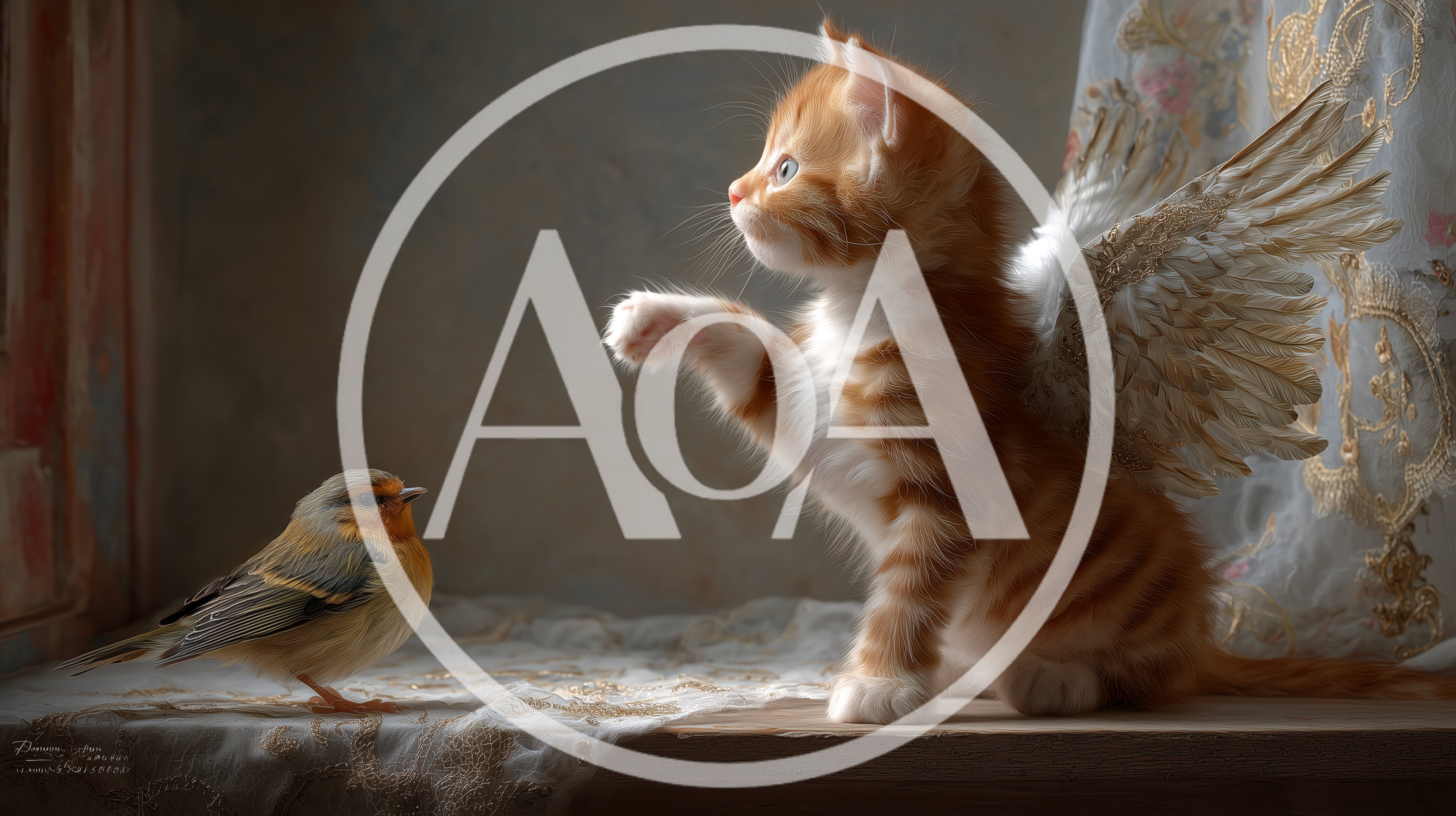 Ginger Kitten With Angel Wings Reaching Toward A Bird