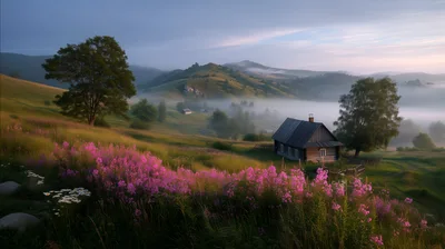 Small Wooden Cabin in a Misty Mountain Valley