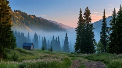 Small Wooden Cabin In A Misty Mountain Forest
