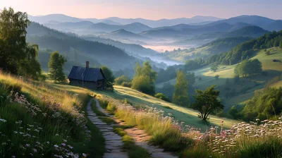 Small Wooden Cabin On A Misty Mountain Hillside