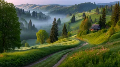 Misty Morning Landscape With A Rustic Mountain Cabin