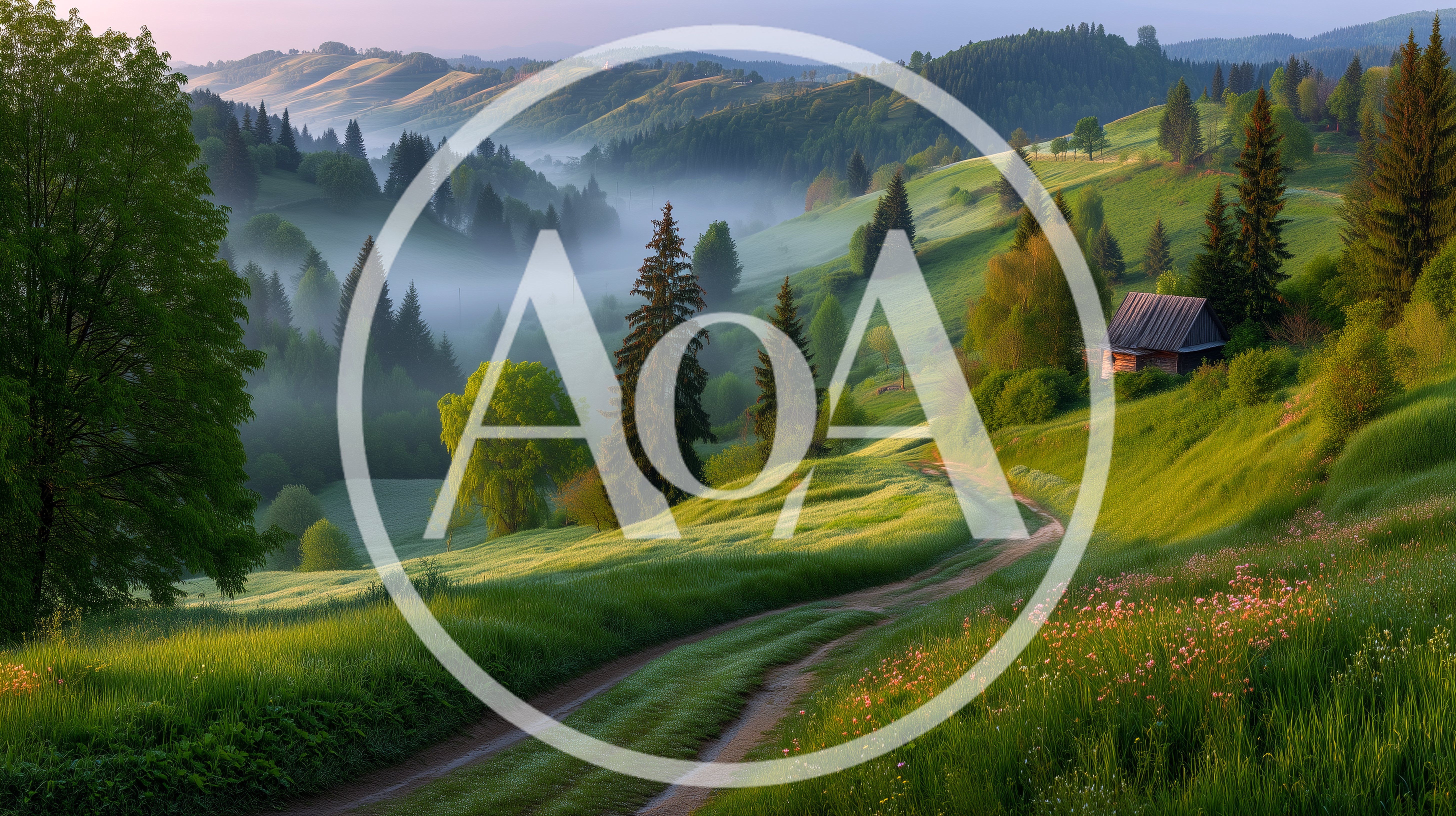 Misty Morning Landscape With A Rustic Mountain Cabin