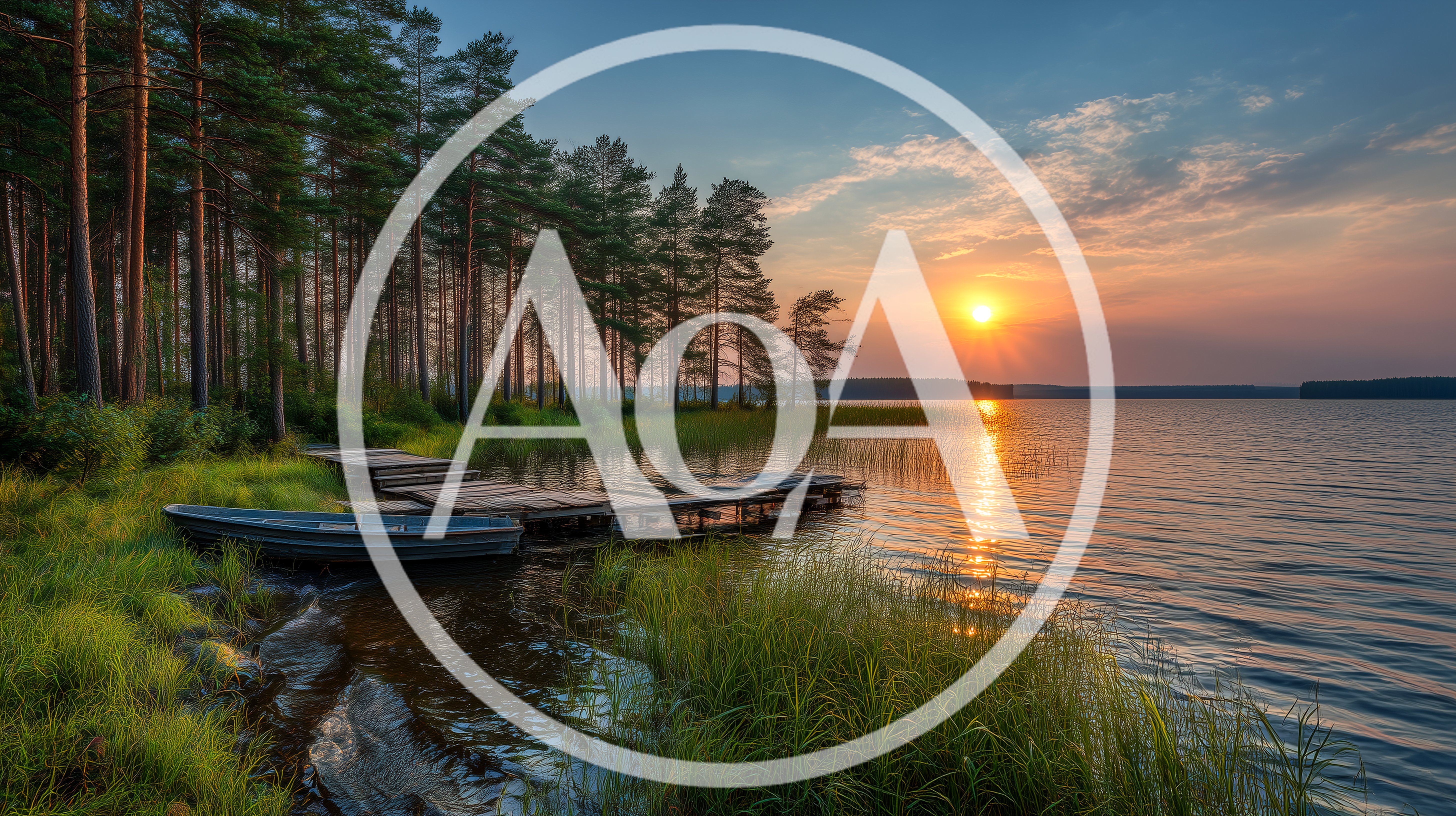 Wooden Pier And Rowboat On A Calm Lake At Sunset