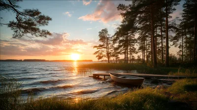 Wooden Rowboat Moored at a Peaceful Lakeside Pier