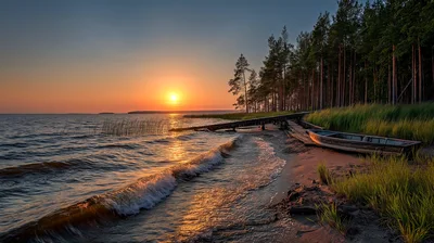 Wooden Boat Moored At A Serene Lake Sunset