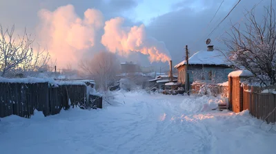Winter Village Street With Smoke Rising From Chimneys