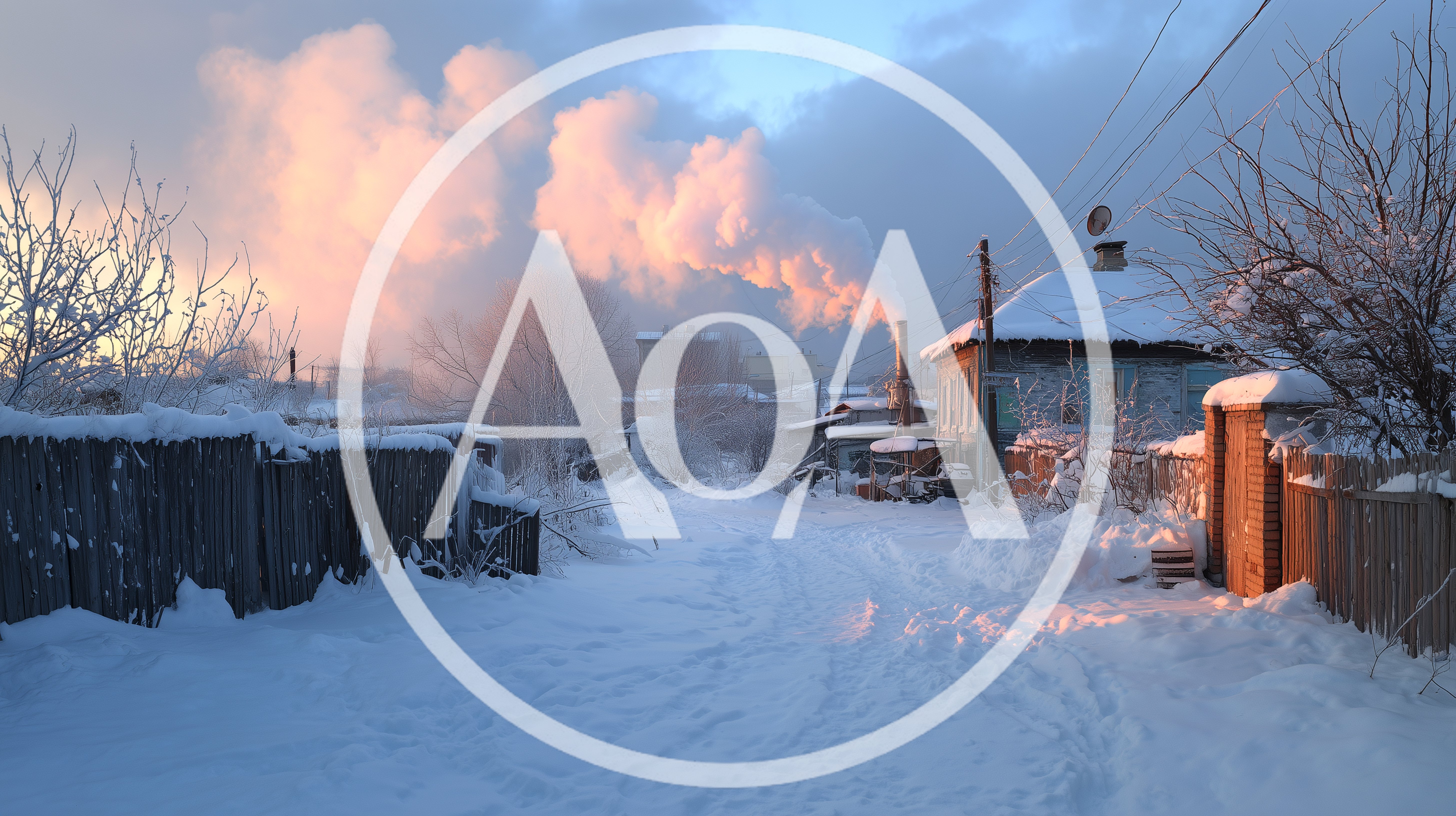 Winter Village Street With Smoke Rising From Chimneys