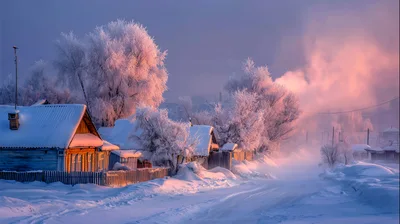 Winter Village Landscape With Frost Covered Trees