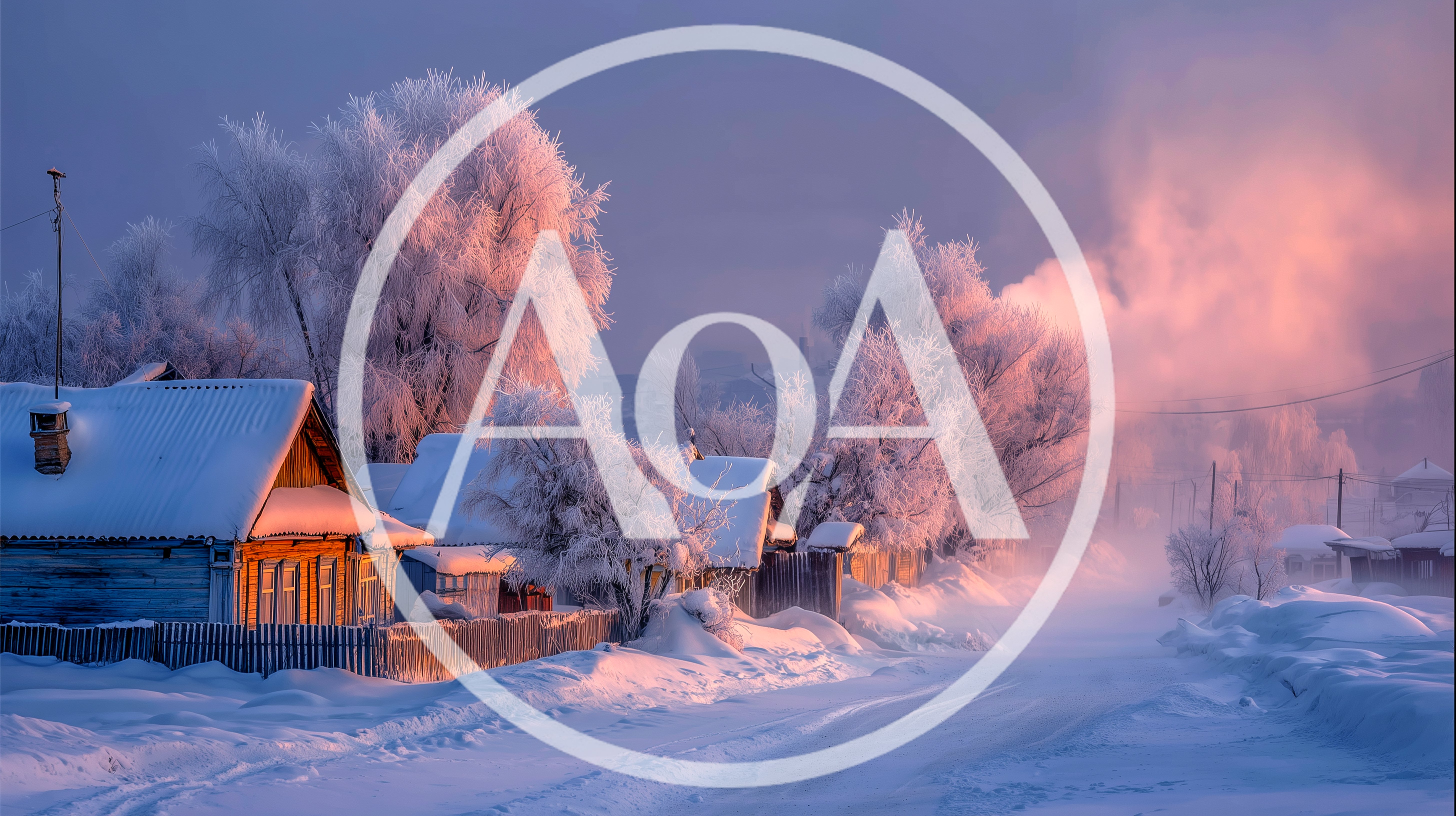 Winter Village Landscape With Frost Covered Trees