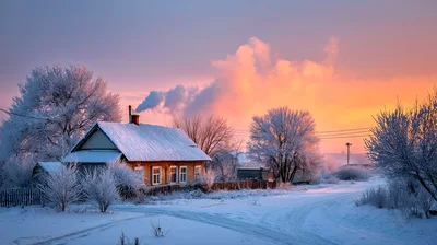 Cozy Wooden House In Snowy Winter Landscape At Sunset