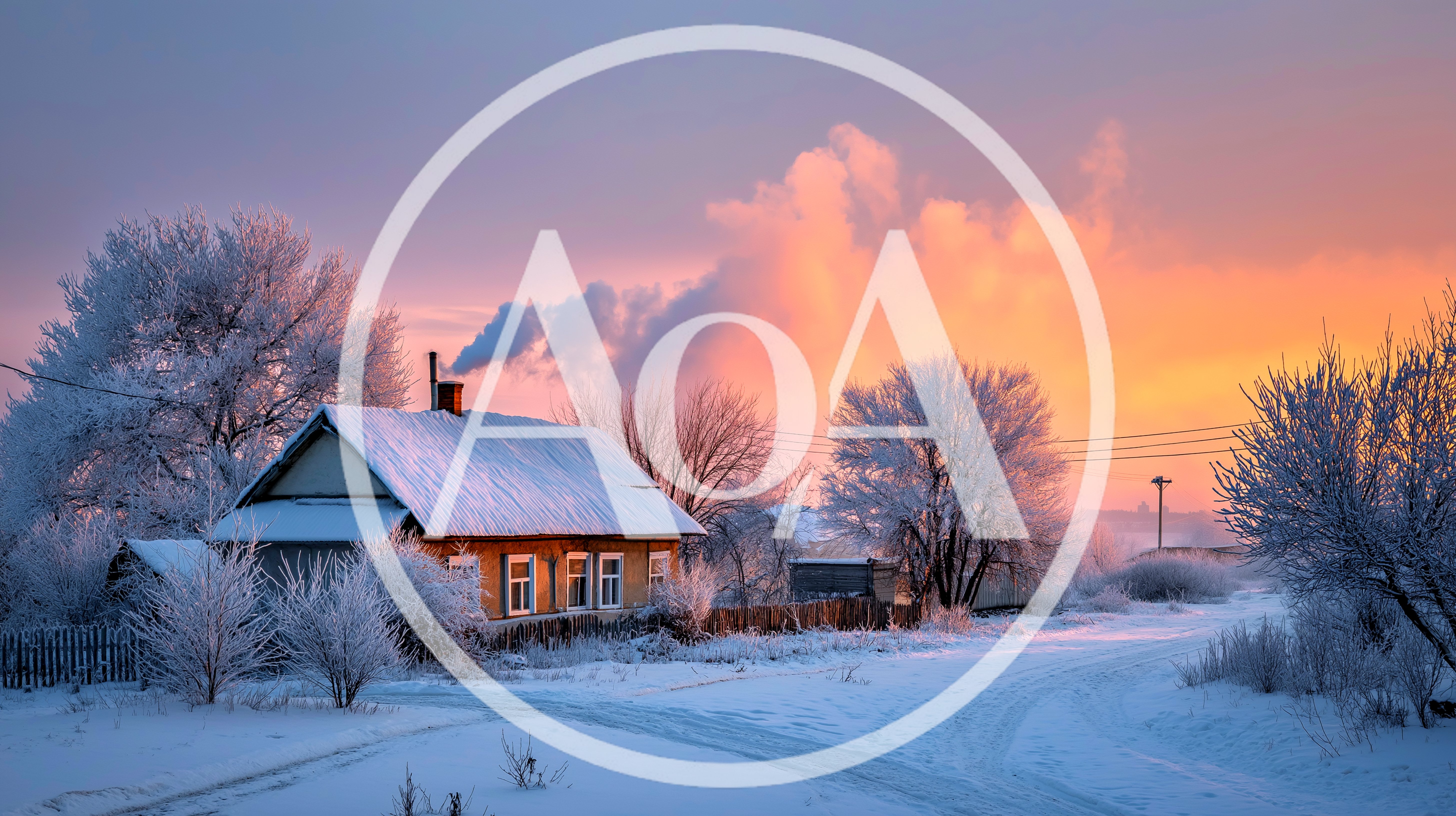 Cozy Wooden House In Snowy Winter Landscape At Sunset