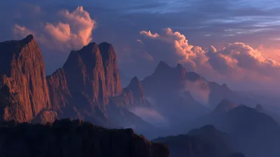 Majestic Mountain Peaks At Sunset With Rolling Clouds