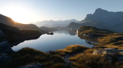 Serene Alpine Lake At Sunrise In The Mountains