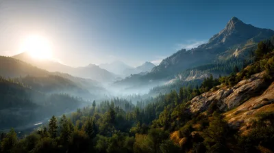 Misty Mountain Valley At Sunrise