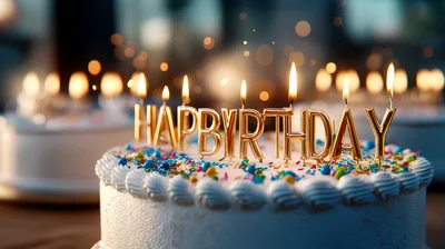 Birthday Cake With Lit Gold Letter Candles