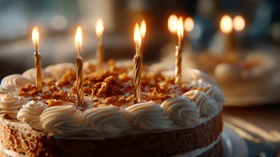 Birthday Cake With Lit Candles On A Table