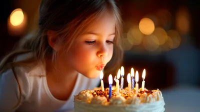 Sweet girl blows out the birthday candles, making a wish on her special day in a warm glowing setting with a delicious cake for celebration