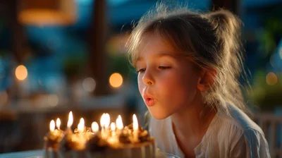 Sweet girl blowing out birthday candles at a magical celebration, making wishes and memories in a warm, loving glow, perfect for family moments