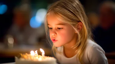Young Girl Blowing Out Birthday Candles On Cake