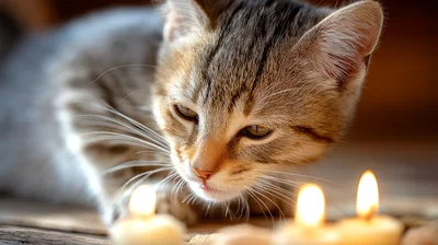 Tabby Kitten Watching Lit Candles on Wooden Surface
