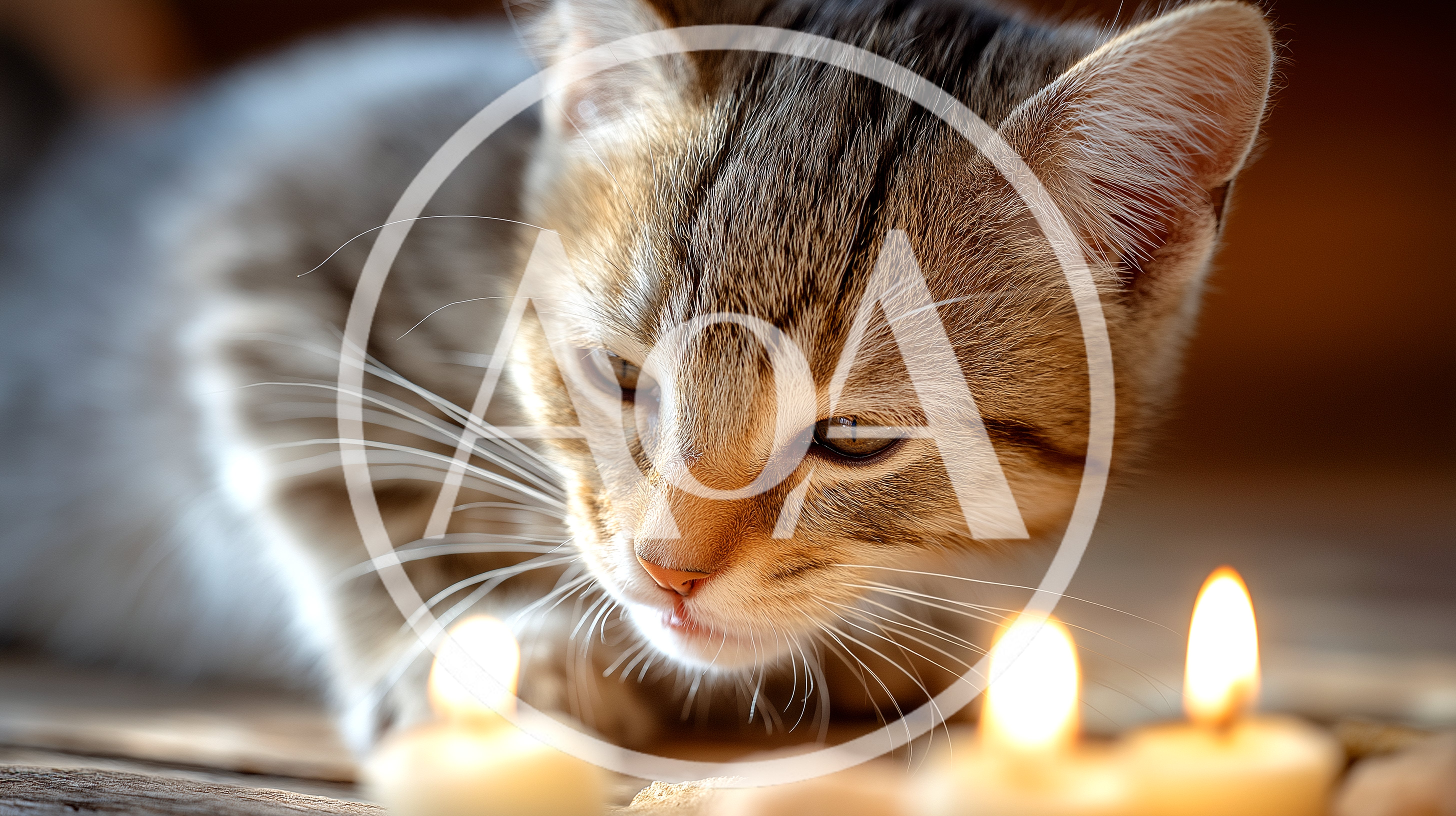 Tabby Kitten Watching Lit Candles on Wooden Surface
