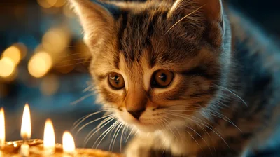 Cute Tabby Kitten Looking At Birthday Candles