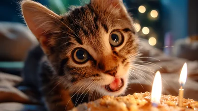 Cute Tabby Kitten Looking At Birthday Cake Candles
