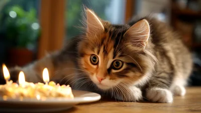 Fluffy Calico Kitten Watching Birthday Cake Candles