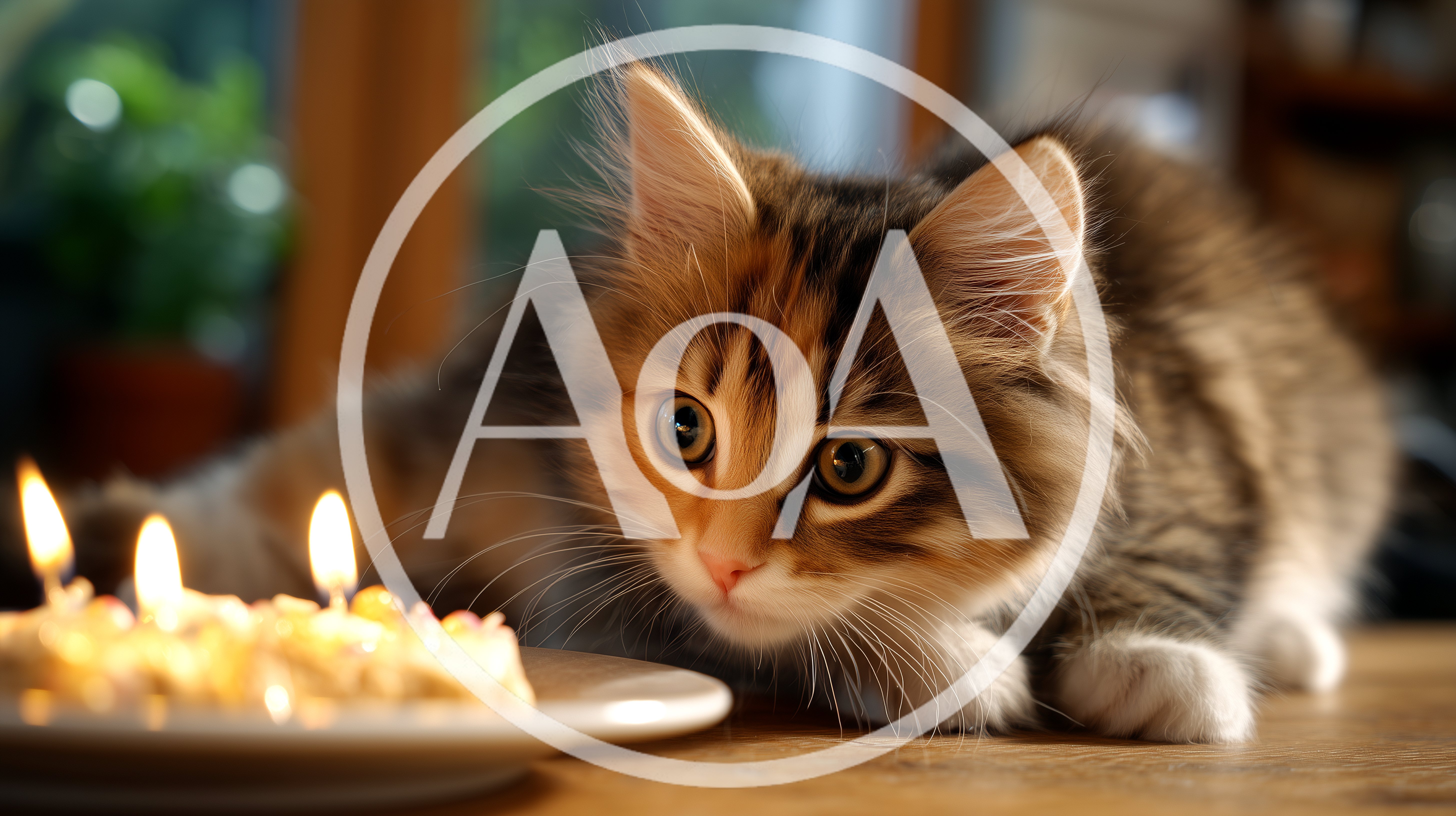 Fluffy Calico Kitten Watching Birthday Cake Candles