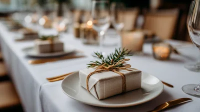 Elegant Christmas Table Setting With Wrapped Gift Favors