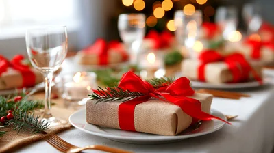 Christmas Gift Box On A Decorated Dinner Table
