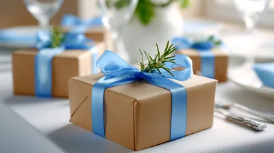 Gift Boxes Wrapped In Brown Paper With Blue Ribbons
