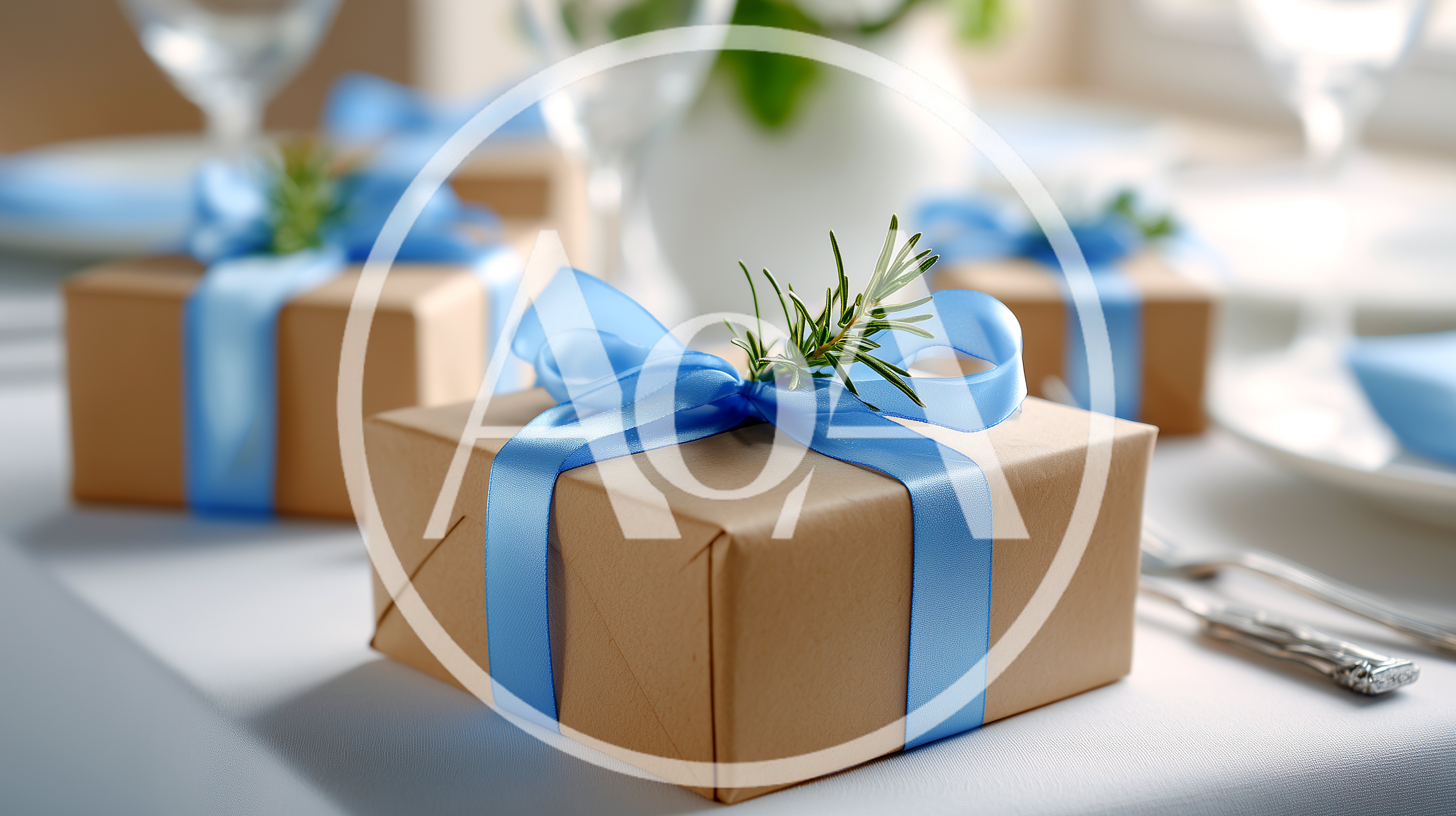 Gift Boxes Wrapped In Brown Paper With Blue Ribbons