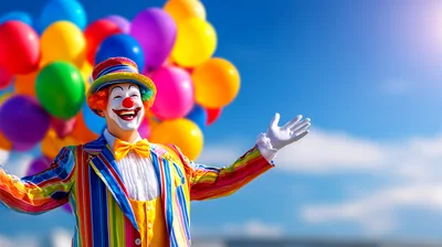 Happy Clown With Colorful Balloons Against Blue Sky