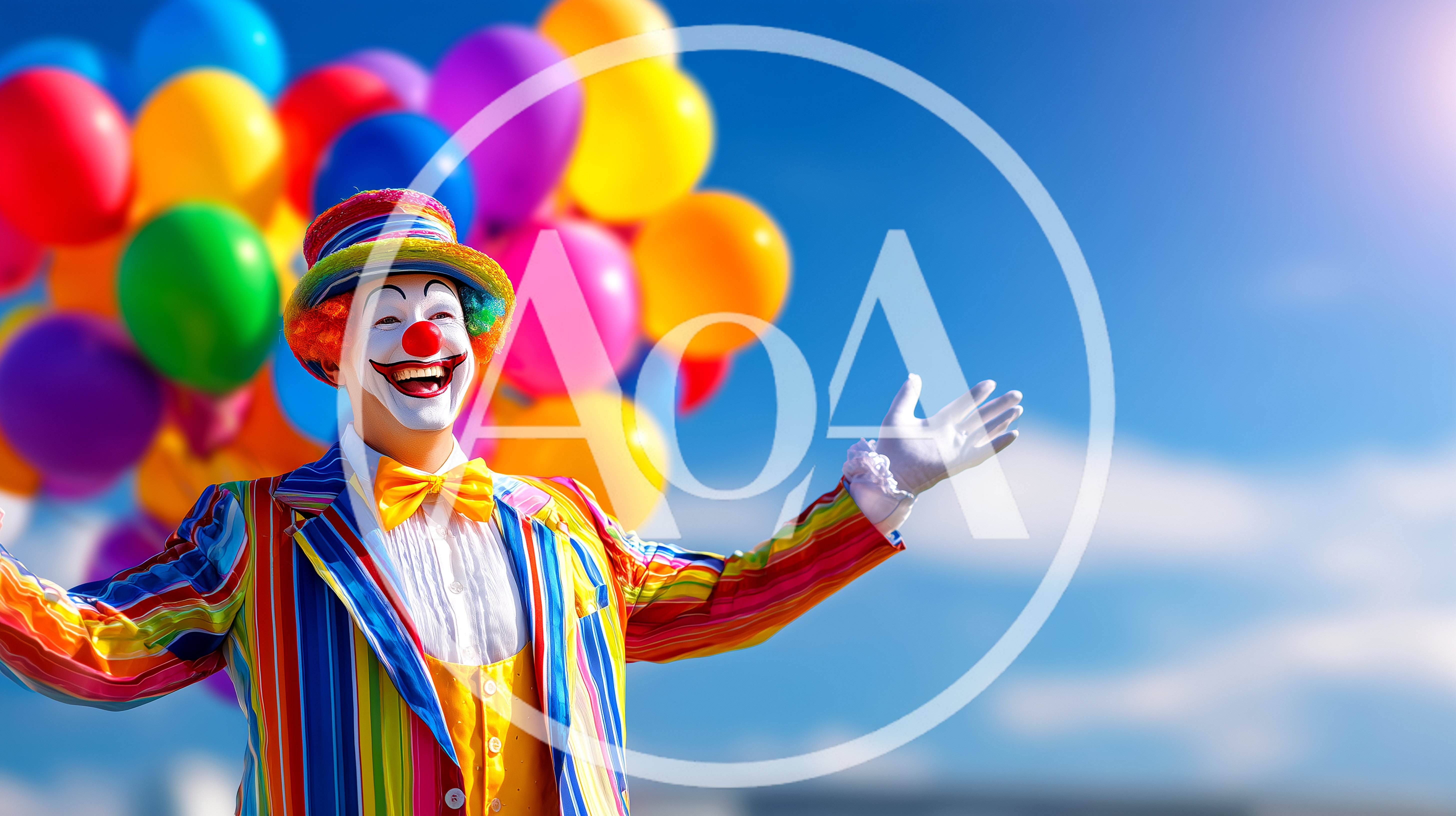 Happy Clown With Colorful Balloons Against Blue Sky