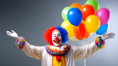 Happy Clown Holding A Bunch Of Colorful Balloons