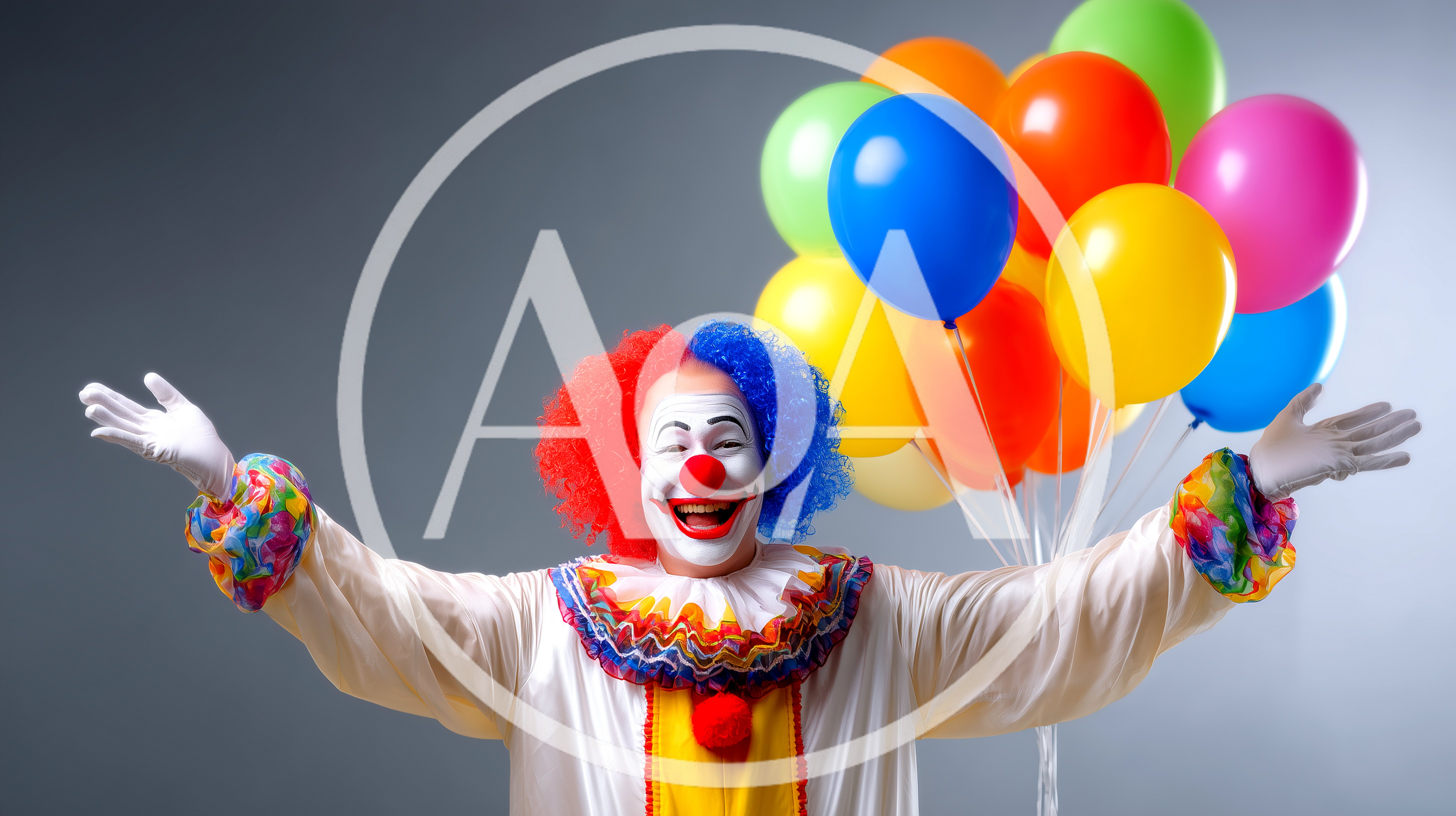 Happy Clown Holding A Bunch Of Colorful Balloons