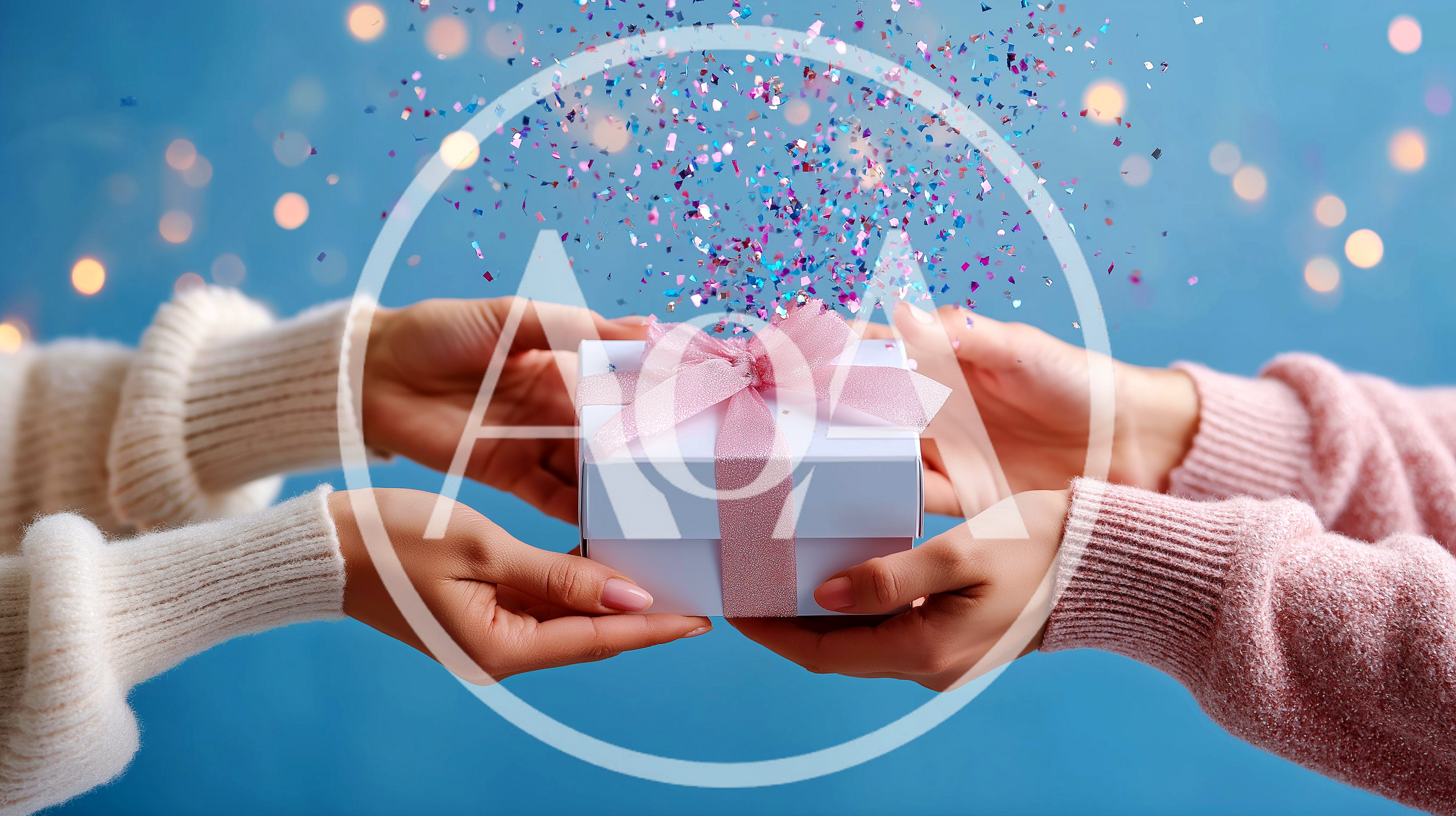 Two People Exchanging A Gift Box With Confetti