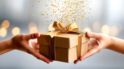 Two People Exchanging A Gift Box With Gold Confetti