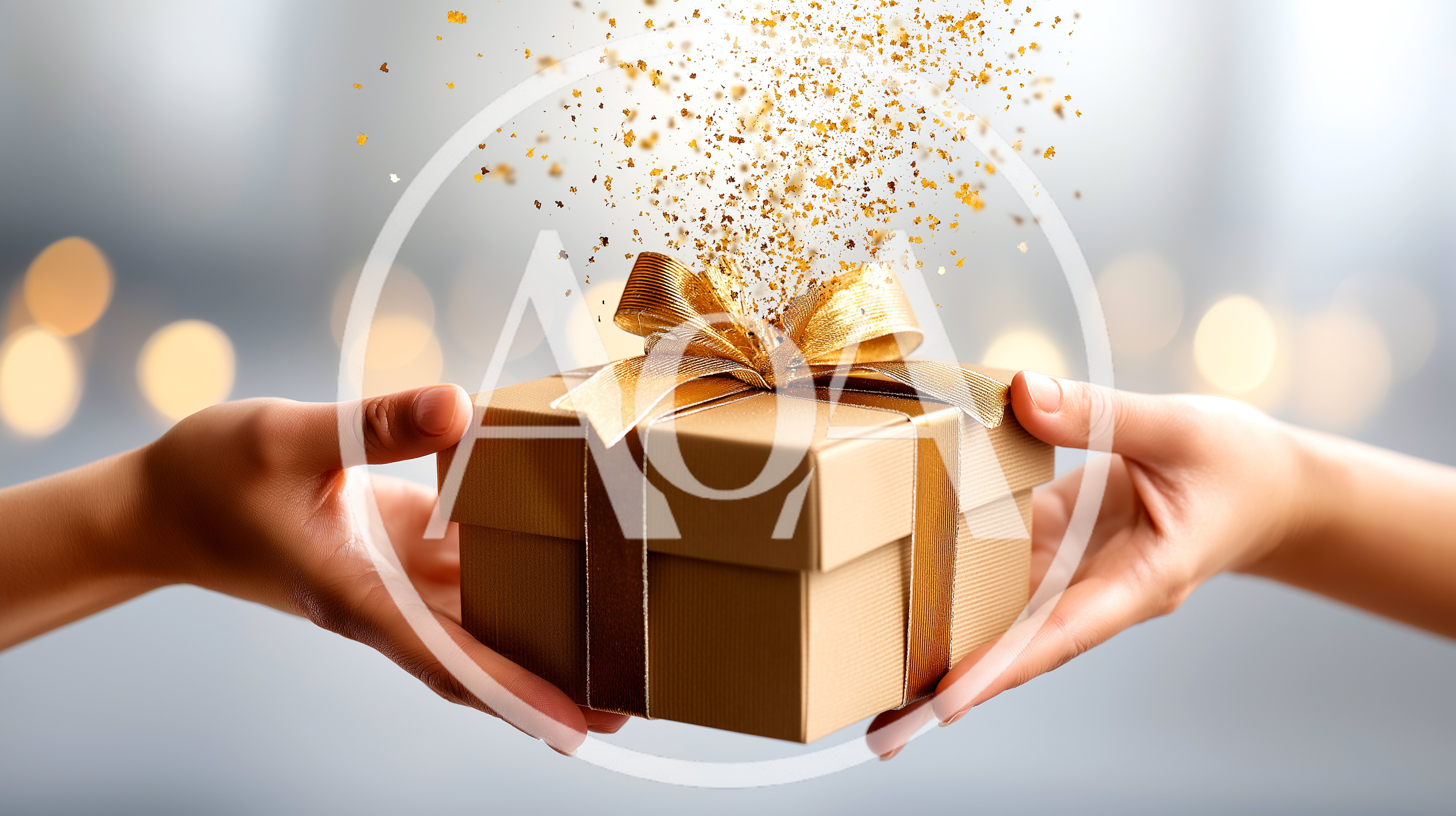 Two People Exchanging A Gift Box With Gold Confetti