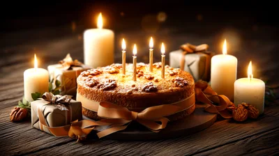 Birthday Cake With Candles And Wrapped Gifts