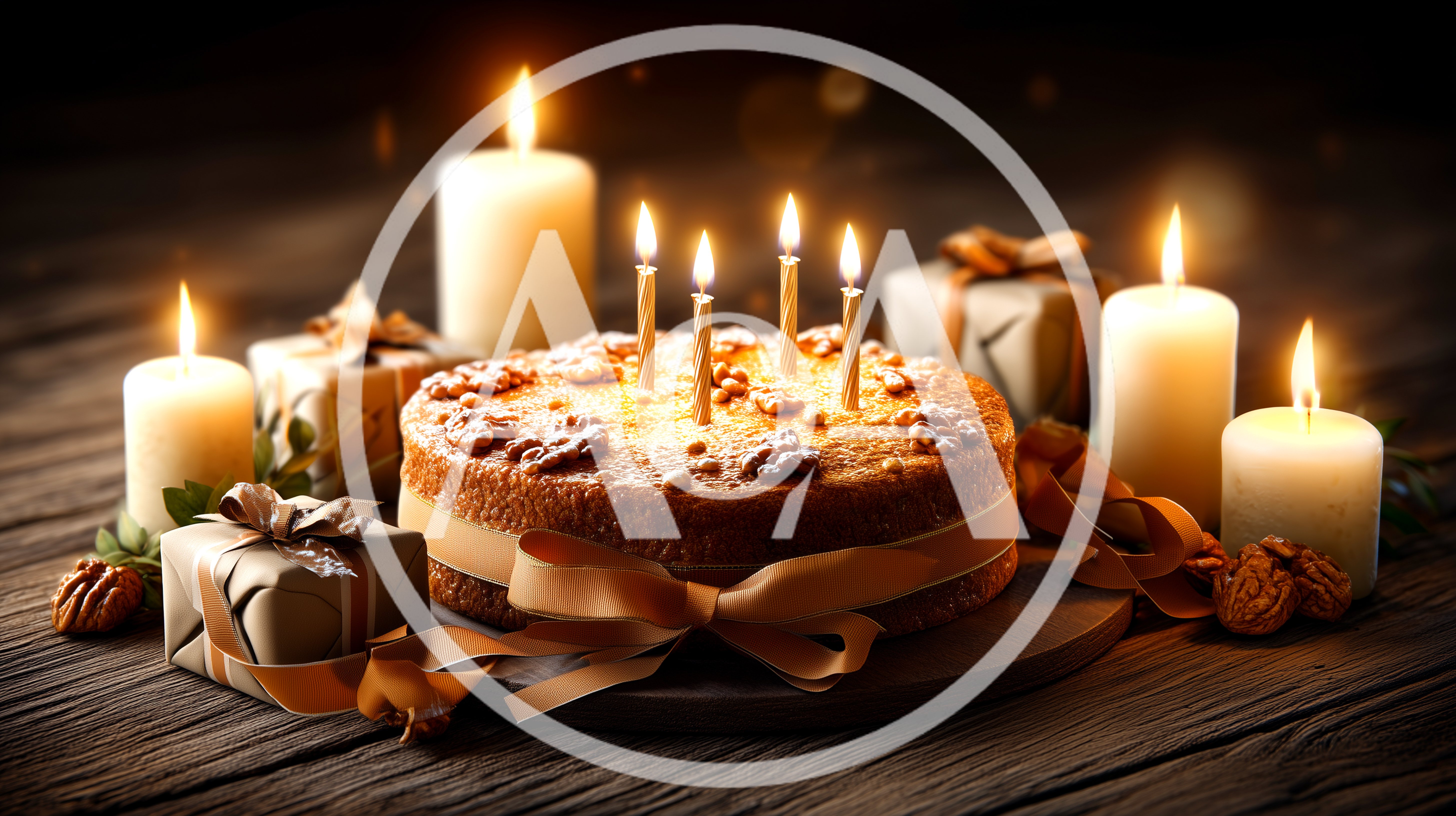 Birthday Cake With Candles And Wrapped Gifts