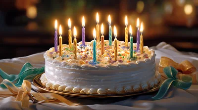 Birthday Cake With Lit Candles On A Table