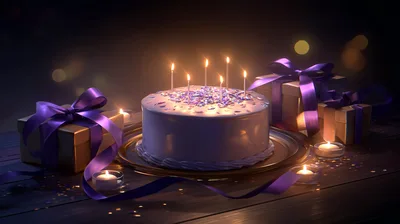 Birthday Cake With Candles And Gift Boxes
