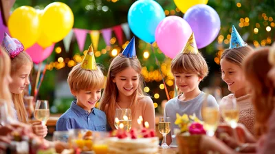 Children Celebrating Birthday Party With Cake And Balloons