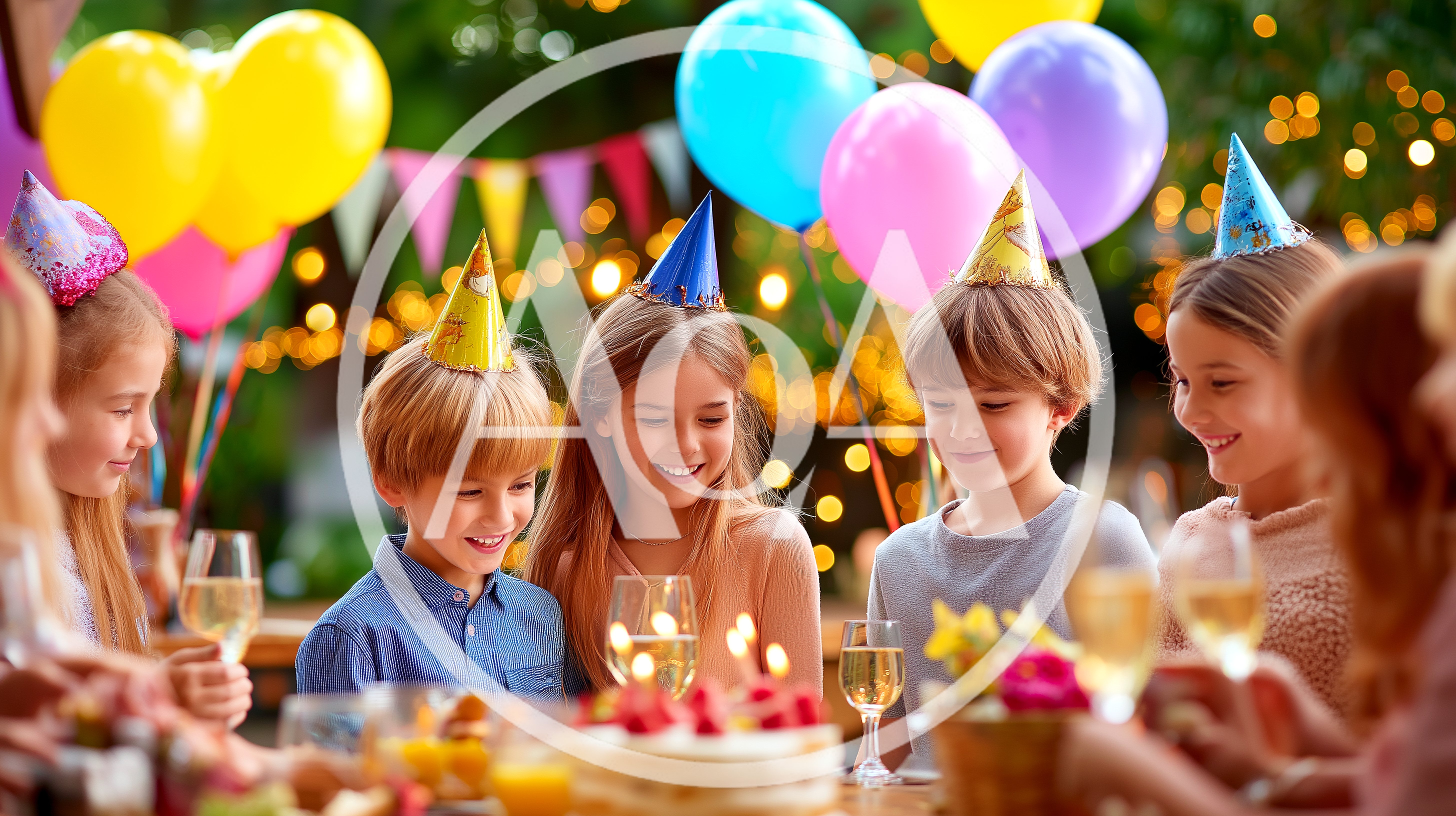 Children Celebrating Birthday Party With Cake And Balloons
