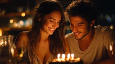 Couple Celebrating Birthday With Cake And Candles