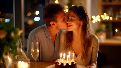 Couple Celebrating Birthday With Cake And Champagne