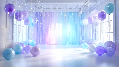 Festive Party Room Decorated With Pastel Balloons And Lights
